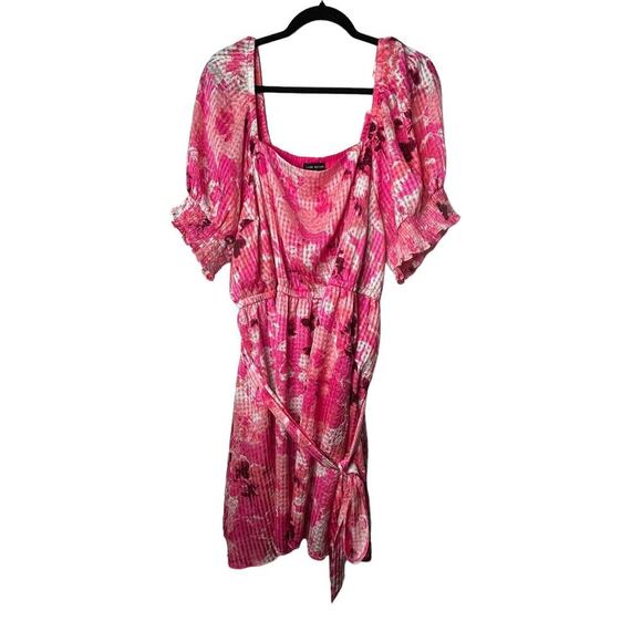 Lane Bryant Dress Size 22 Pink Smocked Cuff-Sleeve Square-Neck Fit & Flare Belt - Picture 1 of 13